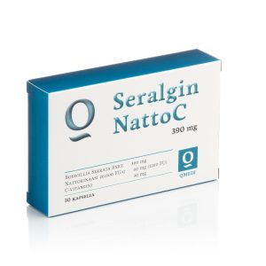Seralgin NattoC 30 kapselia -pakkaus. Nattokinaasia ja Boswellia-uutetta. Suunniteltu verenkiertoelimistön, hermoston ja nivelten hyvinvointiin.