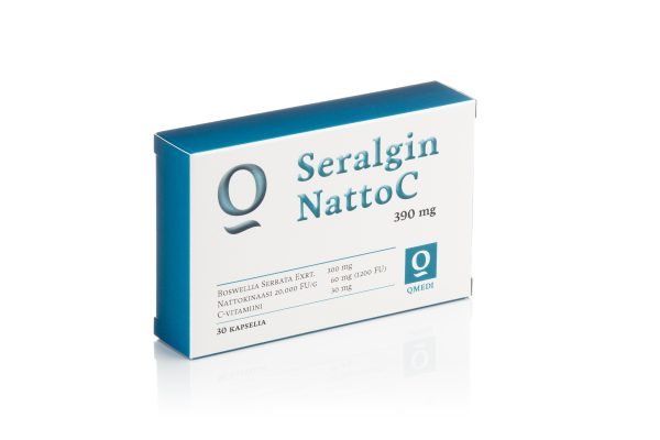 Seralgin NattoC 30 kapselia -pakkaus. Nattokinaasia ja Boswellia-uutetta. Suunniteltu verenkiertoelimistön, hermoston ja nivelten hyvinvointiin.