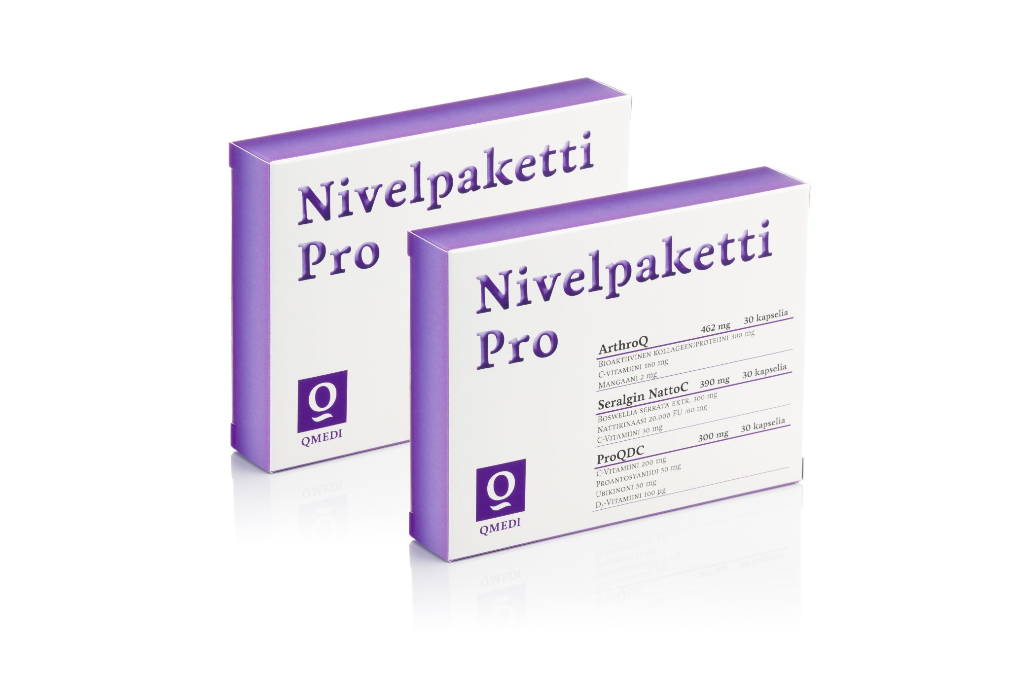 Nivelpaketti Pro 60 kapselia. Sisältää tuotteet Seralgin NattoC, ArthroQ ja ProQDC. Tuotteista voi olla apua nivelten ja tukikudosten hyvinvointiin.