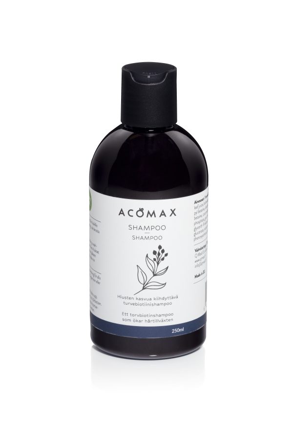 Axomaxin turve-biotiinishampoo. Tarkoituksena hiusten kasvun nopeuttaminen ja hiuspohjan ongelmien hoito. 250 ml.