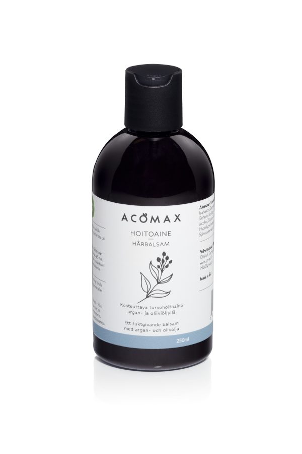 Acomax-sarjan turvehoitoaine ravitsemaan ja kosteuttamaan hiuksia syvältä. Luonnonkosmetiikkaa. 250 ml.