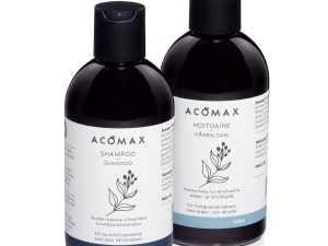 Acomax Turve-biotiinishampoo ja Hoitoaine 250 ml yhdessä. Kuin turvehoito päänahalle. Mukana biotiinia sekä oliivi- ja arganöljyä.