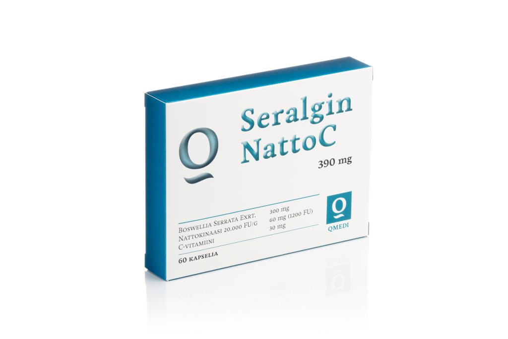 Seralgin NattoC 60 kapselia -pakkaus. Nattokinaasia ja Boswellia-uutetta. Suunniteltu verenkiertoelimistön, hermoston ja nivelten hyvinvointiin.