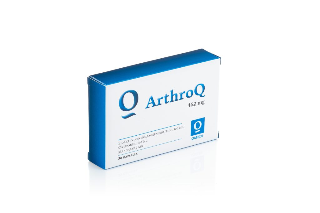 ArthroQ 30 kapselin pakkaus. Tuotteen avulla on mahdollista saavuttaa terveemmät nivelet. Ravintolisä, jossa mm. kollageenia ja C-vitamiinia.