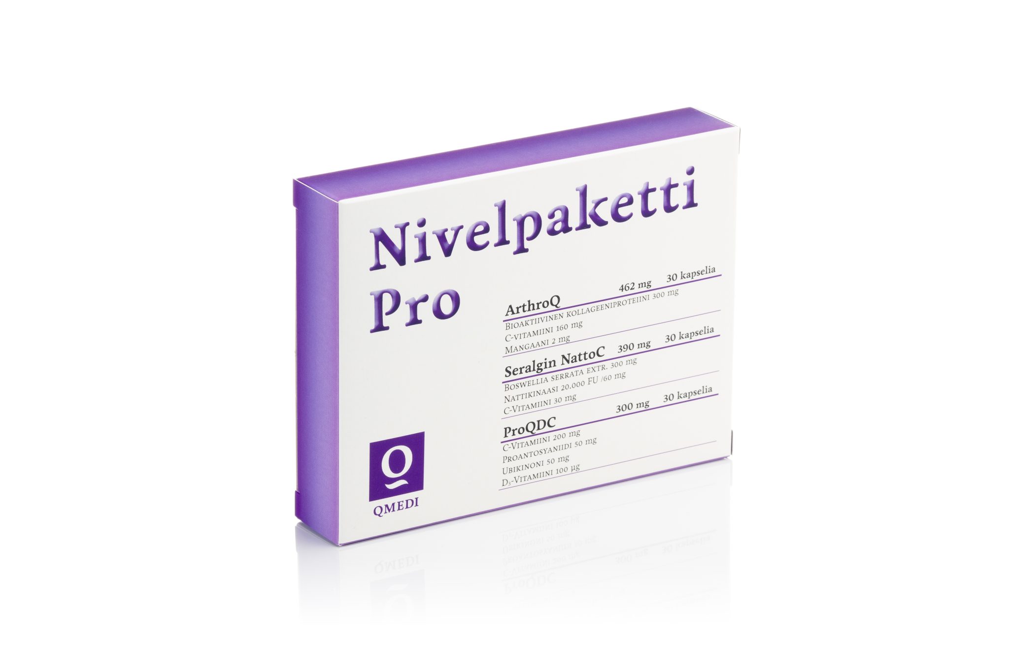 Nivelpaketti Pro 30 kapselia. Sisältää tuotteet Seralgin NattoC, ArthroQ ja ProQDC. Tuotteista voi olla apua nivelten ja tukikudosten hyvinvointiin.