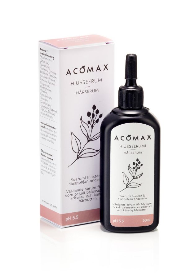 Acomax-hiusseerumi, 50 ml. Hiuspohjan kutinaan ja ärsytykseen. Syväpuhdistava. Voi olla myös avuksi hiusten kasvun parantamiseen.