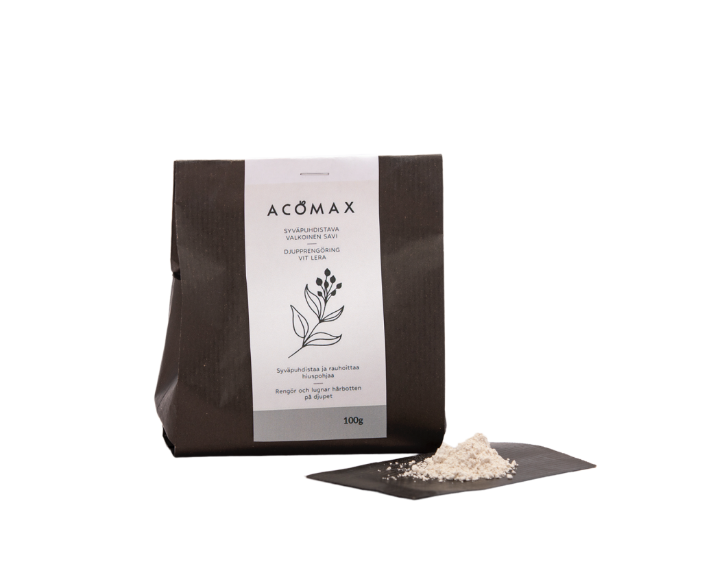 Acomax- valkoinen savi 100g. Tarkoitettu hoitamaan, uudistamaan ja vahvistamaan päänahkaa sekä vähentämään talineritystä.