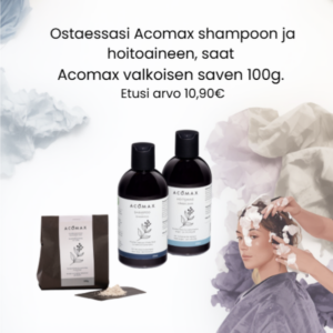 Acomax Valkoinen savi 100g, Turve-biotiinishampoo ja Hoitoaine 250 ml