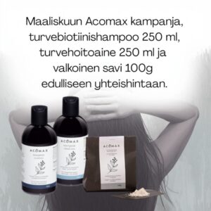 Acomax Valkoinen savi 100g, Turve-biotiinishampoo ja Hoitoaine 250 ml